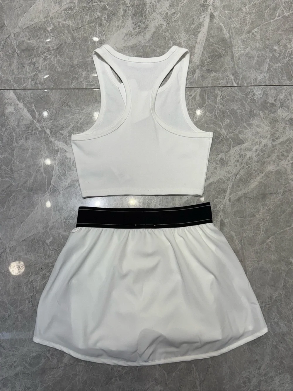 ALO Yoga White Crop Tank and White Skort with Black Waistband